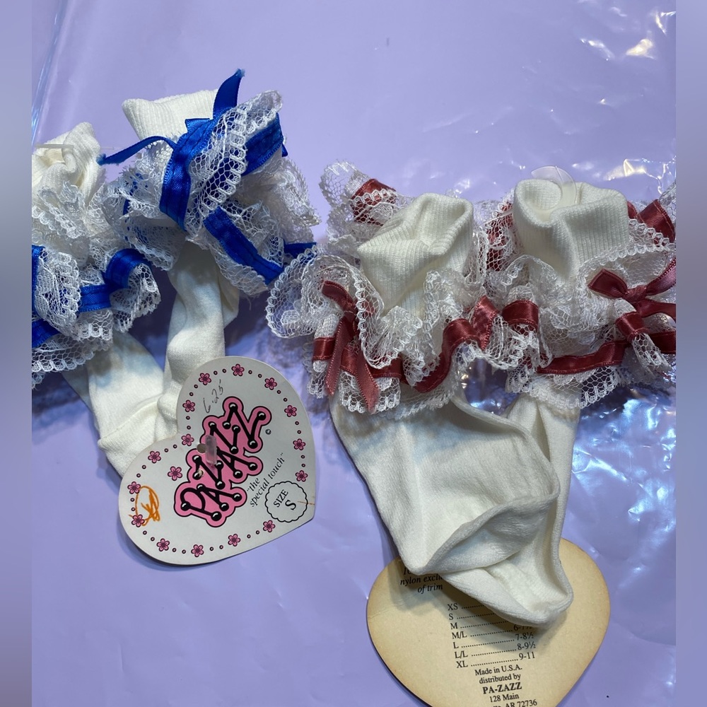 Pazazz children’s ruffled socks, two pair. Blue and rose accents.  Size small.